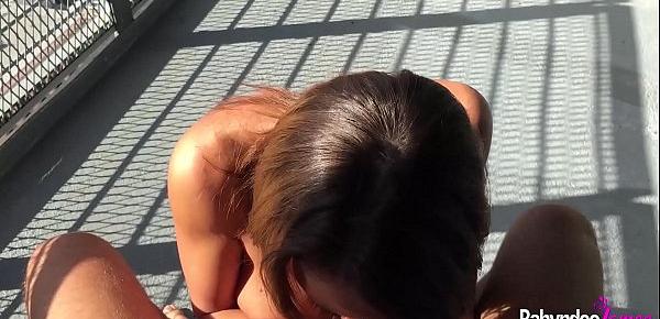 Rahyndee James Brunette Babe Blowjob And Bent Over The Balcony Fucking